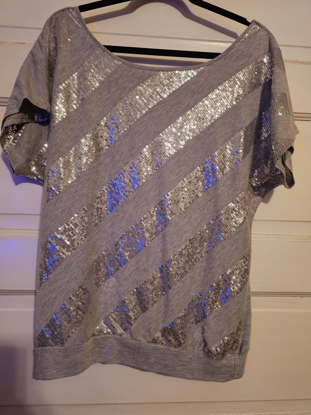 Love Rocks Grey Silver Sequin Diagonal Stripe Dolman Top - Size Large